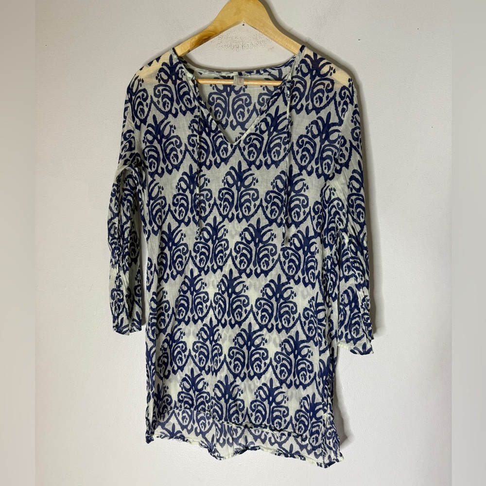 Flora Blue‎ White V Neck Tunic Lightweight Cotton Top Small